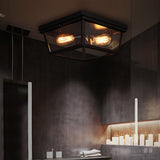 Retro Industrial Double Head LED Ceiling Light with Square Glass Shade for Hallway Balcony