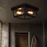 Retro Industrial Double Head LED Ceiling Light with Square Glass Shade for Hallway Balcony