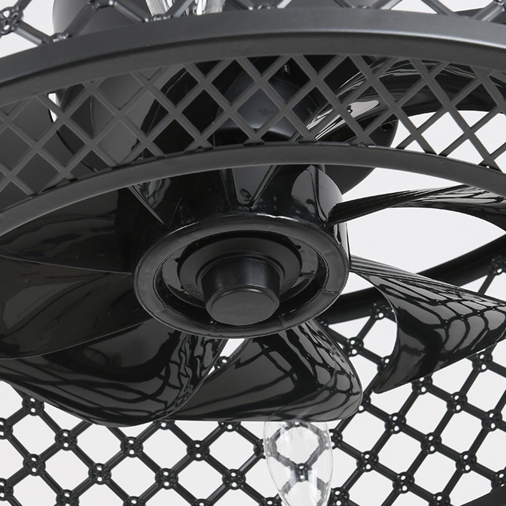 Vintage Industrial Black Iron Ceiling Fan with Remote Control Cage Fandelier for Bedroom and Living Room