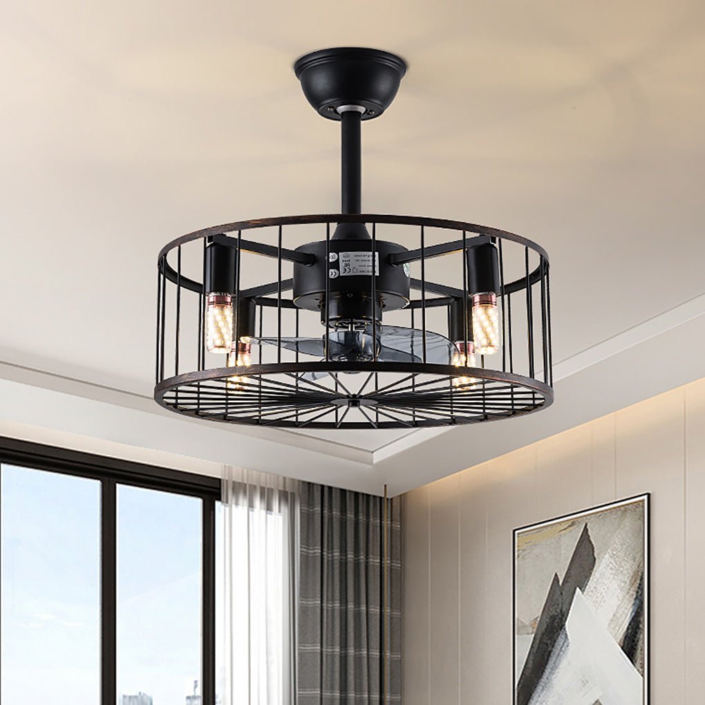 Vintage Industrial Cage Bladeless Ceiling Fan with Light and Remote Control 18 Inch Mute Fan