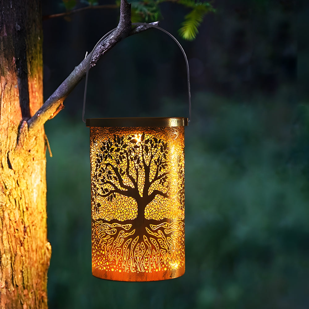 Retro Iron Solar Hanging Lantern with Decorative Tree Pattern Projection for Outdoor Garden