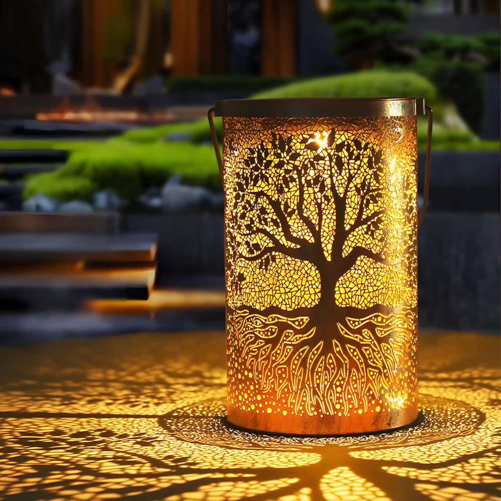 Retro Iron Solar Hanging Lantern with Decorative Tree Pattern Projection for Outdoor Garden