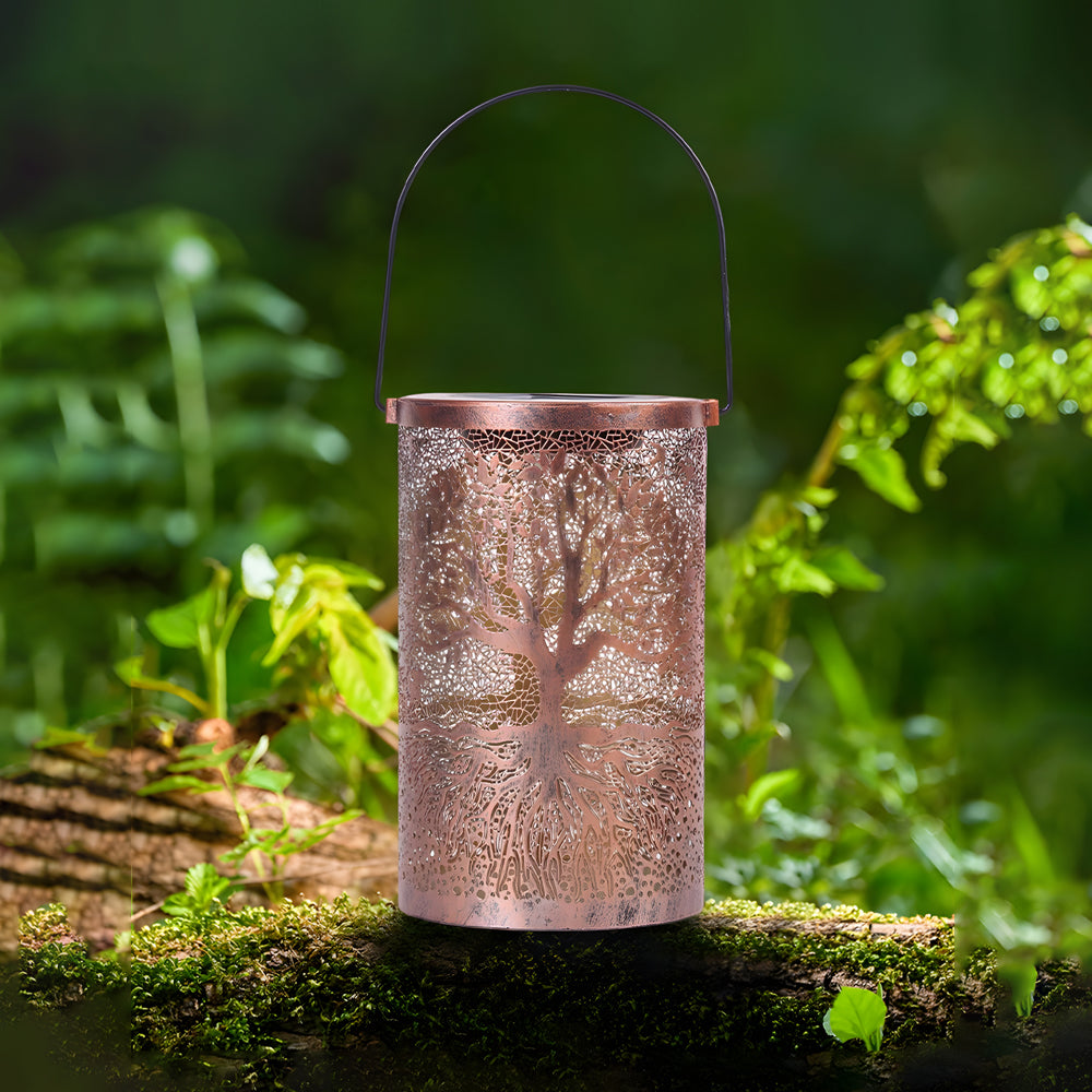 Retro Iron Solar Hanging Lantern with Decorative Tree Pattern Projection for Outdoor Garden