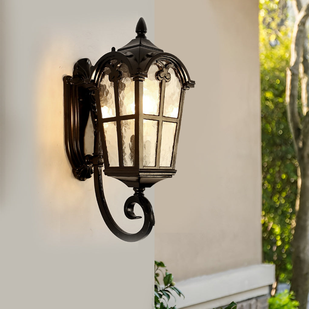 Retro Lantern Style Exterior Wall Lamp Waterproof Black Aluminum Outdoor Plug In Sconce