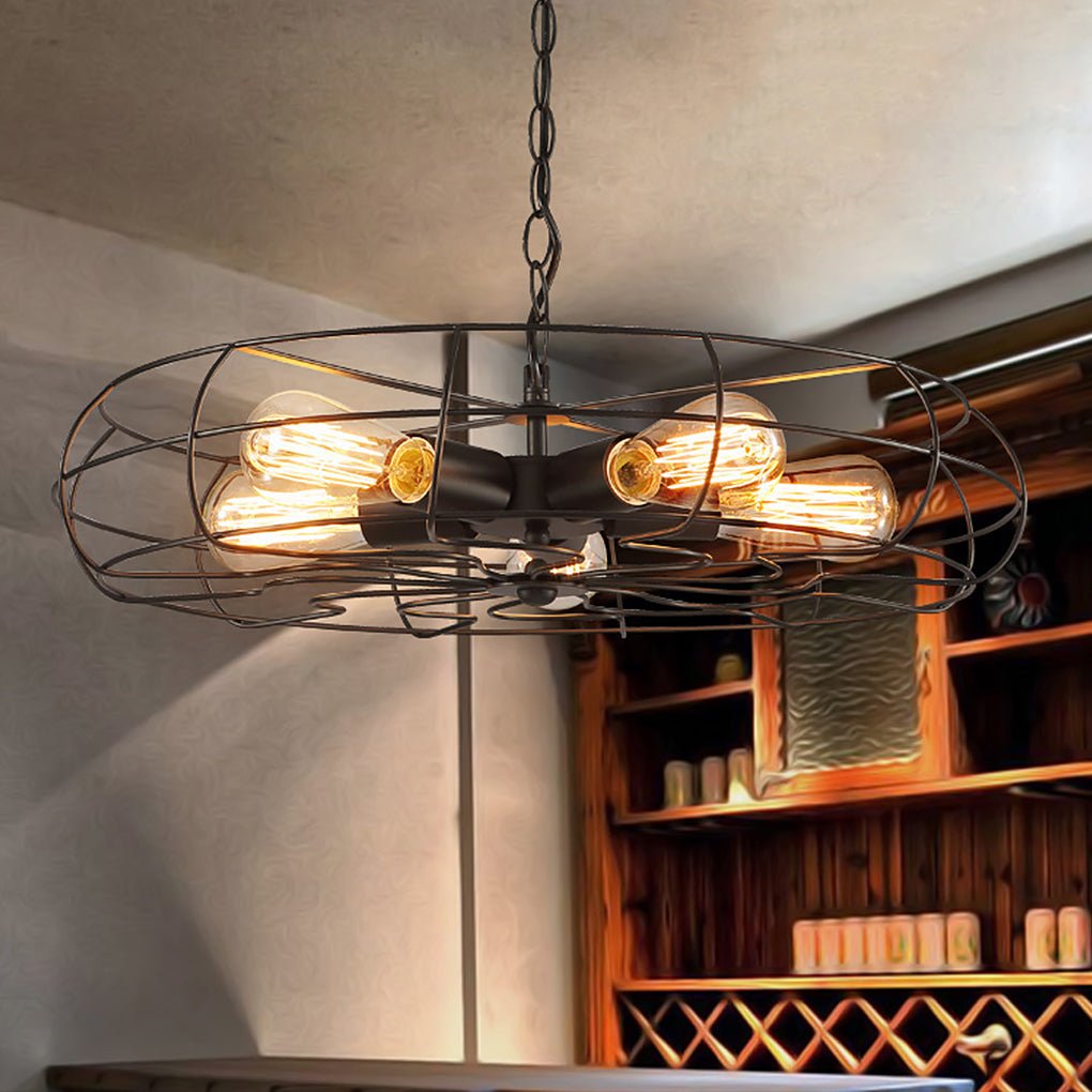 Vintage Industrial Cage Ceiling Fan Light Retro Iron Chandelier for Dining Room and Cafe