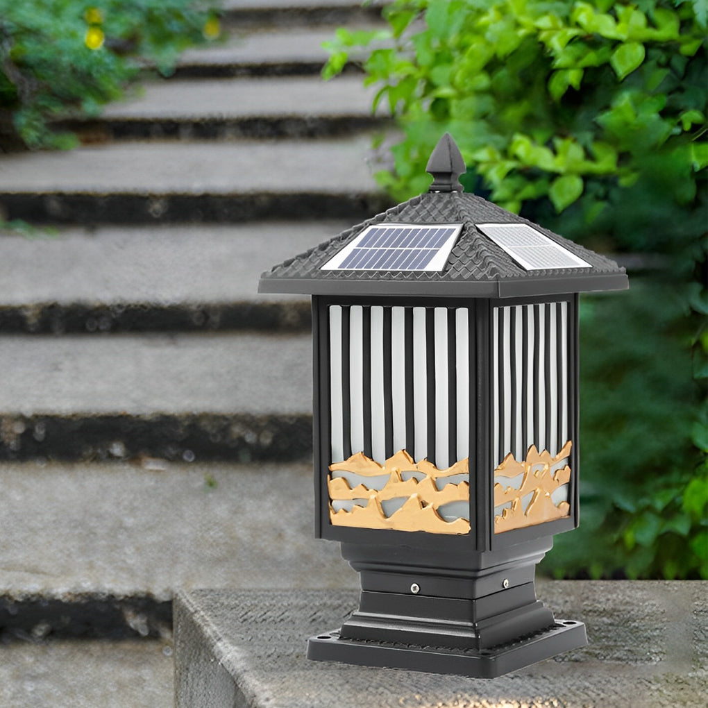 Retro Outdoor Solar Fence Post Lights Waterproof LED Black Die Cast Aluminum Lantern for Garden and Path