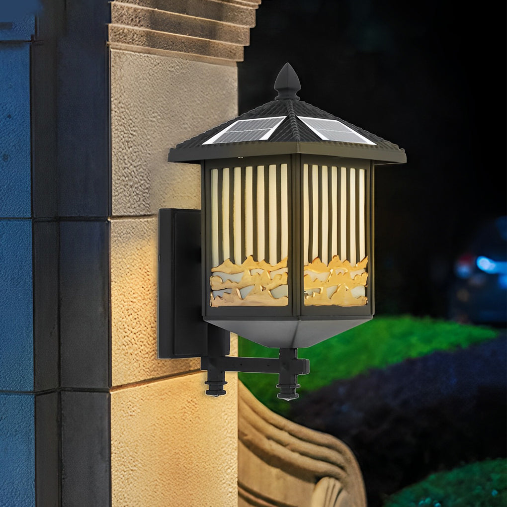 Retro Outdoor Solar Wall Light Waterproof LED Exterior Porch Lantern in Black for Garden