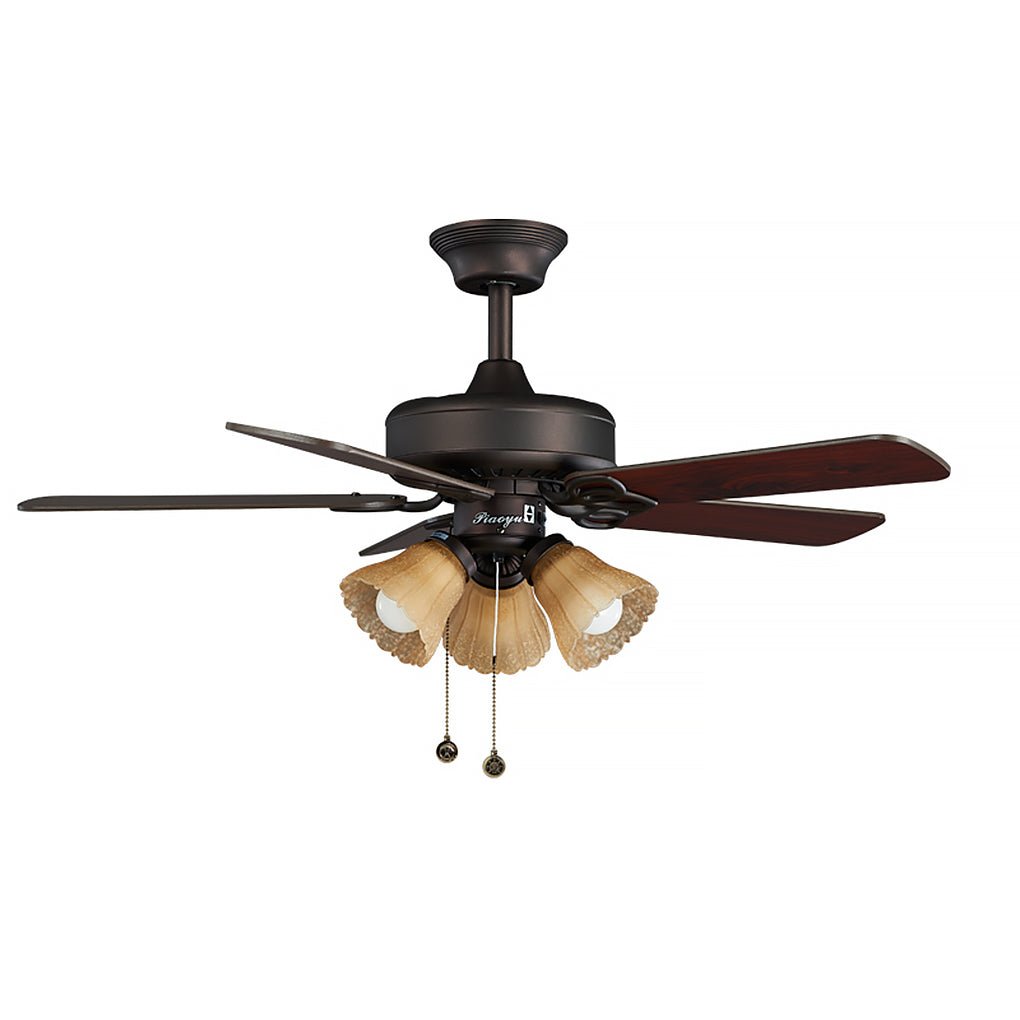42 Inch Vintage Wood Blade Ceiling Fan with Quiet Copper Motor and 3 Light Chandelier Lighting