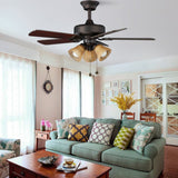 42 Inch Vintage Wood Blade Ceiling Fan with Quiet Copper Motor and 3 Light Chandelier Lighting