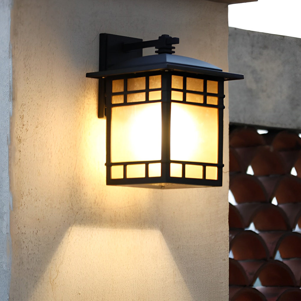 Retro Square Exterior Wall Light Amber Glass Waterproof Aluminum Sconce for Patio Balcony