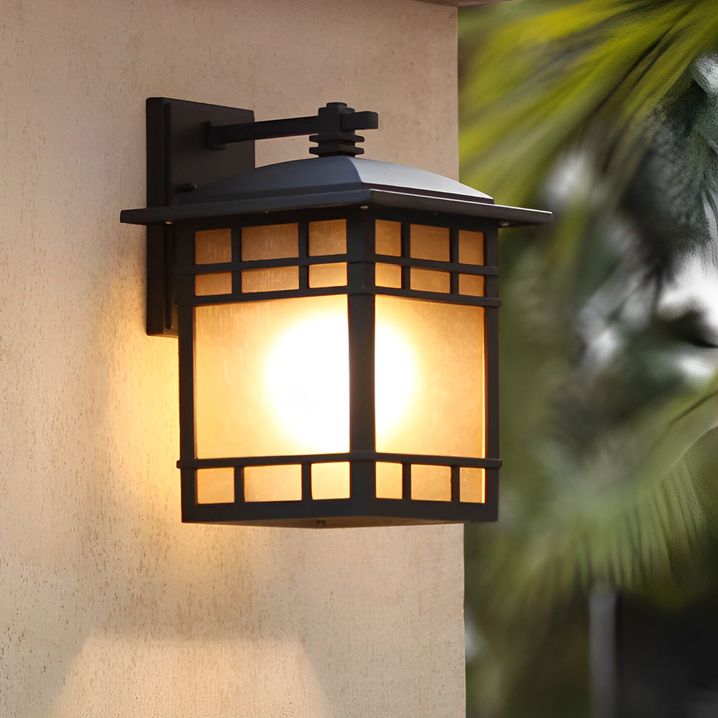 Retro Square Exterior Wall Light Amber Glass Waterproof Aluminum Sconce for Patio Balcony