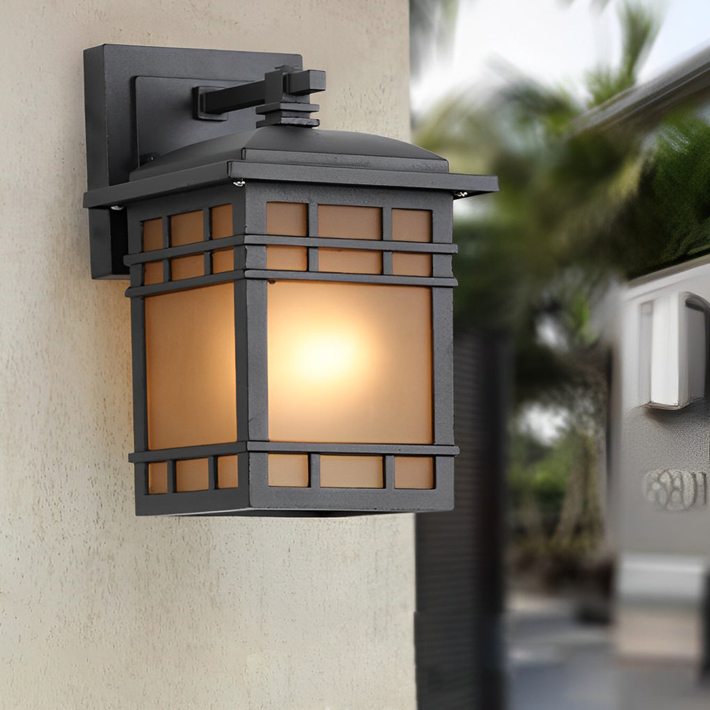 Retro Square Exterior Wall Light Amber Glass Waterproof Aluminum Sconce for Patio Balcony