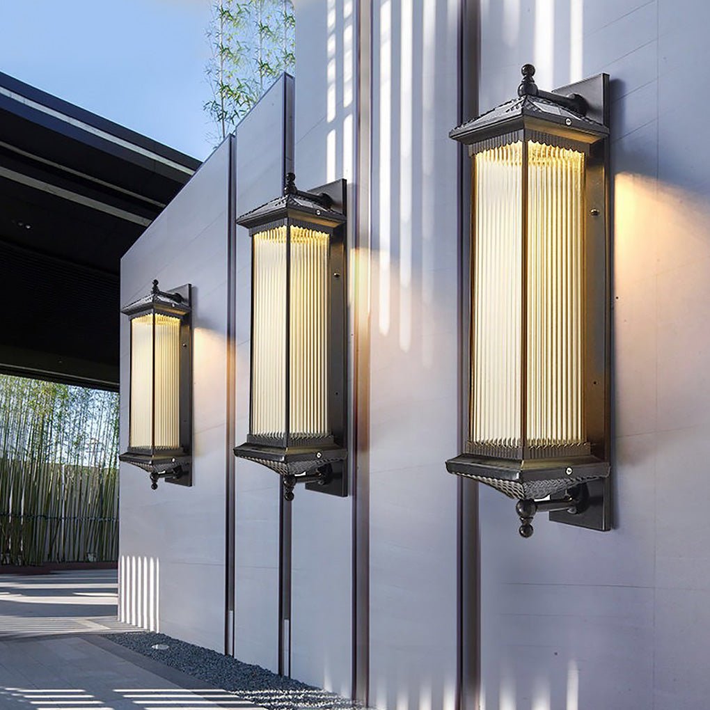 Retro Striped Glass Shade Outdoor Solar Garden Lights IP55 Waterproof Landscape Post Lamp