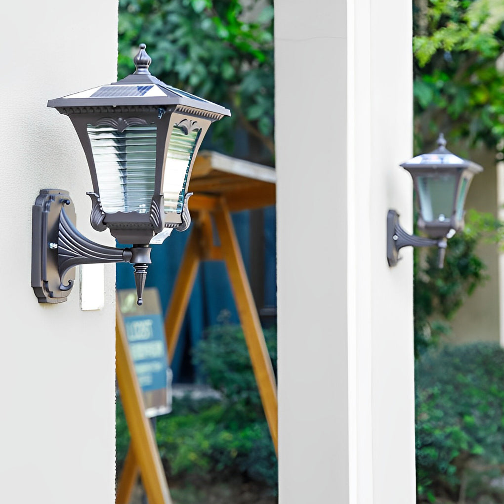 Retro Striped Glass Solar Powered Outdoor Wall Light Waterproof Black LED Exterior Sconce
