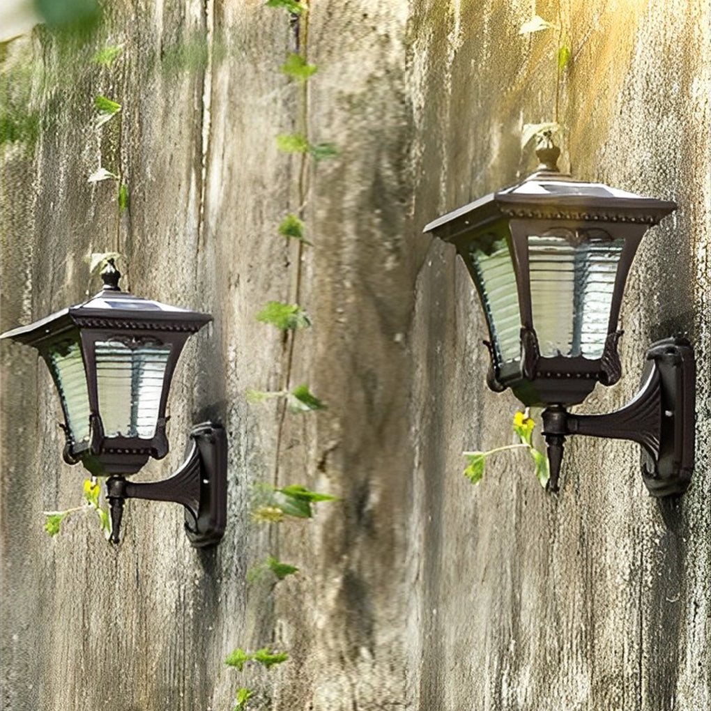 Retro Striped Glass Solar Powered Outdoor Wall Light Waterproof Black LED Exterior Sconce