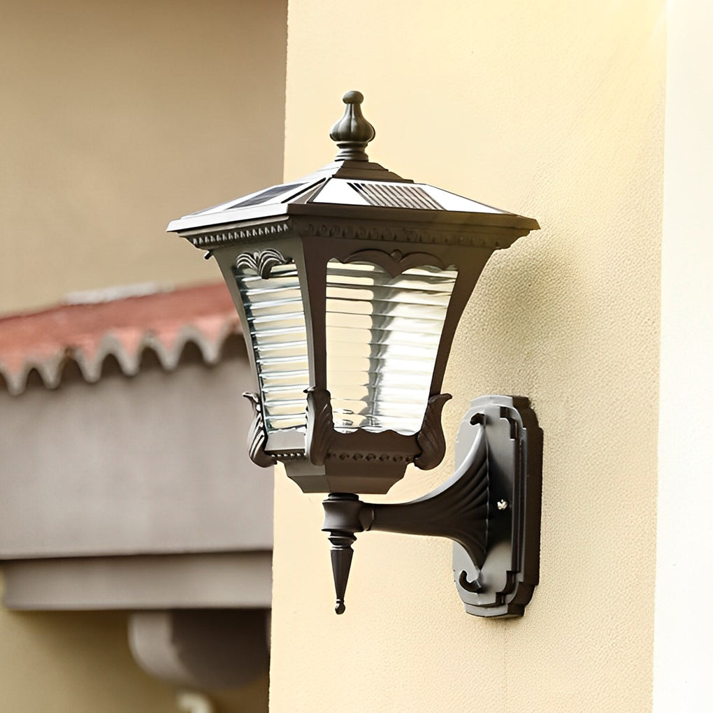 Retro Striped Glass Solar Powered Outdoor Wall Light Waterproof Black LED Exterior Sconce