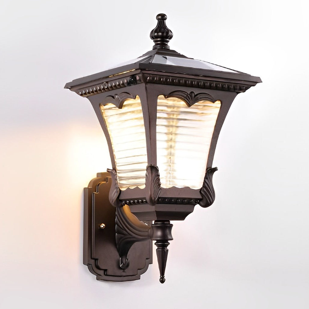 Retro Striped Glass Solar Powered Outdoor Wall Light Waterproof Black LED Exterior Sconce
