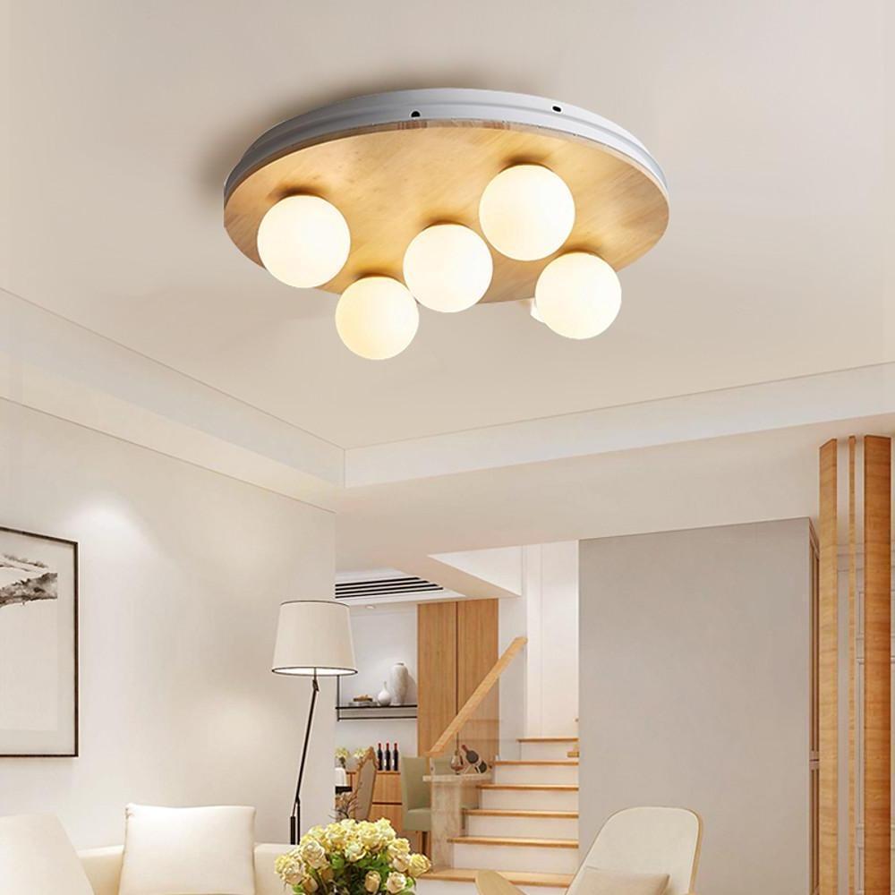 Modern Nordic 5 Light Round Wood and Glass Bubble Flush Mount Ceiling Light