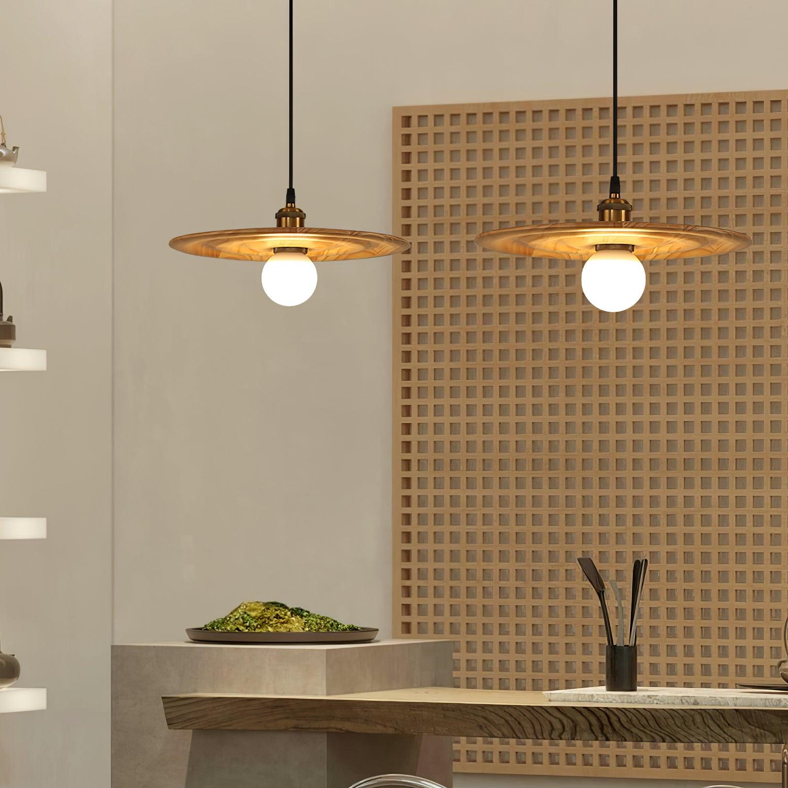 Ripplewood Glass Dome Pendant Lighting with Walnut Wood Accents and Brass Details