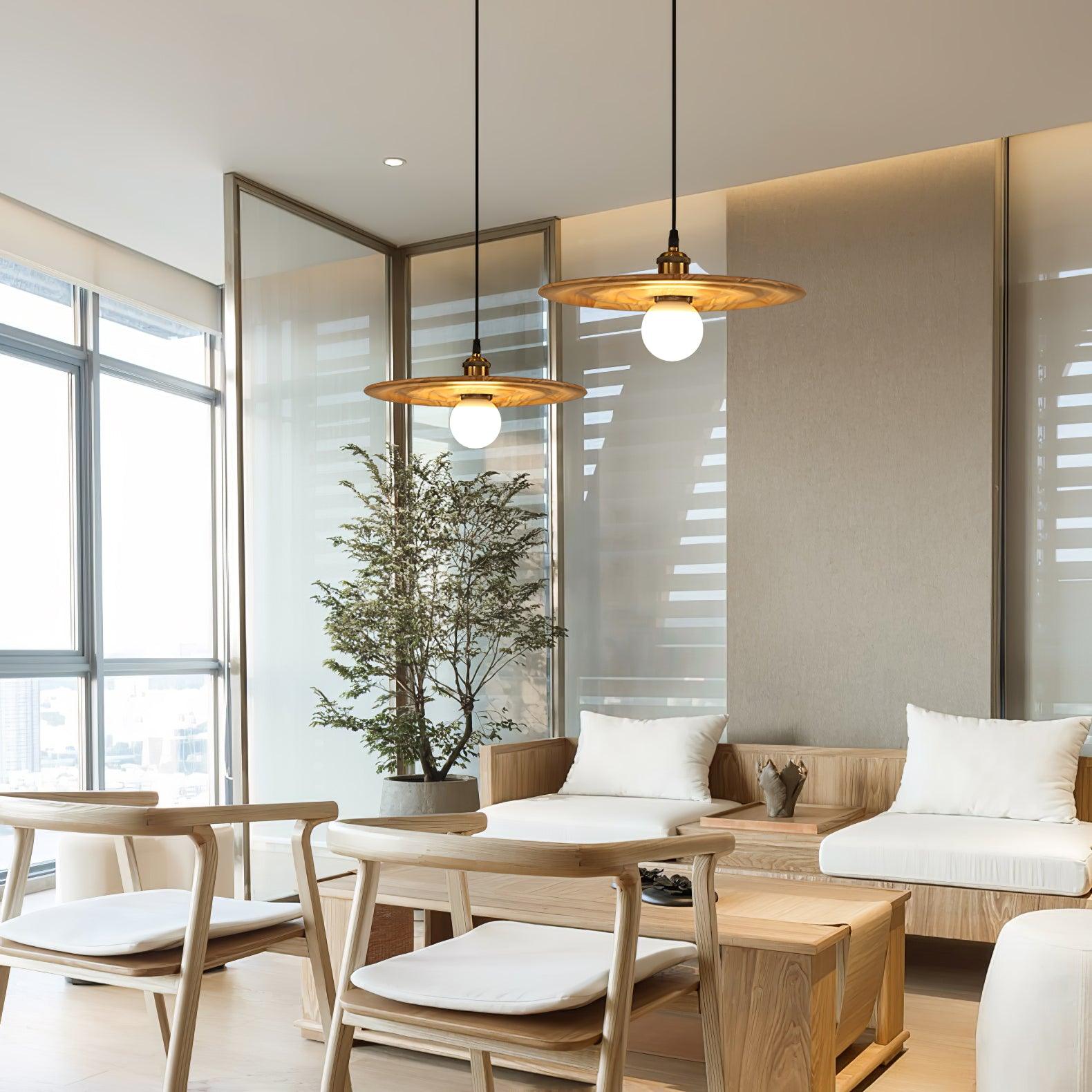 Ripplewood Glass Dome Pendant Lighting with Walnut Wood Accents and Brass Details