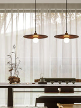 Ripplewood Glass Dome Pendant Lighting with Walnut Wood Accents and Brass Details