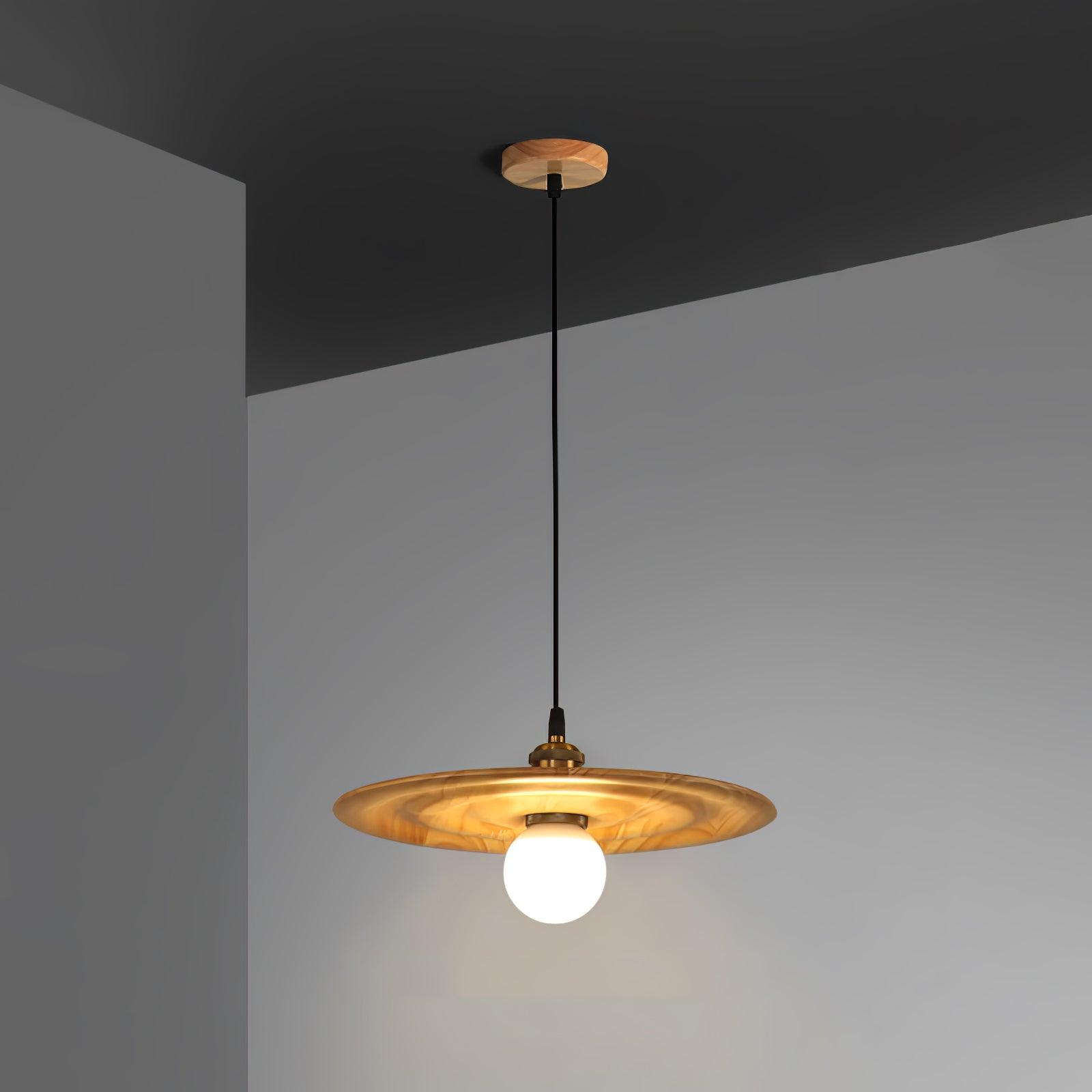 Ripplewood Glass Dome Pendant Lighting with Walnut Wood Accents and Brass Details