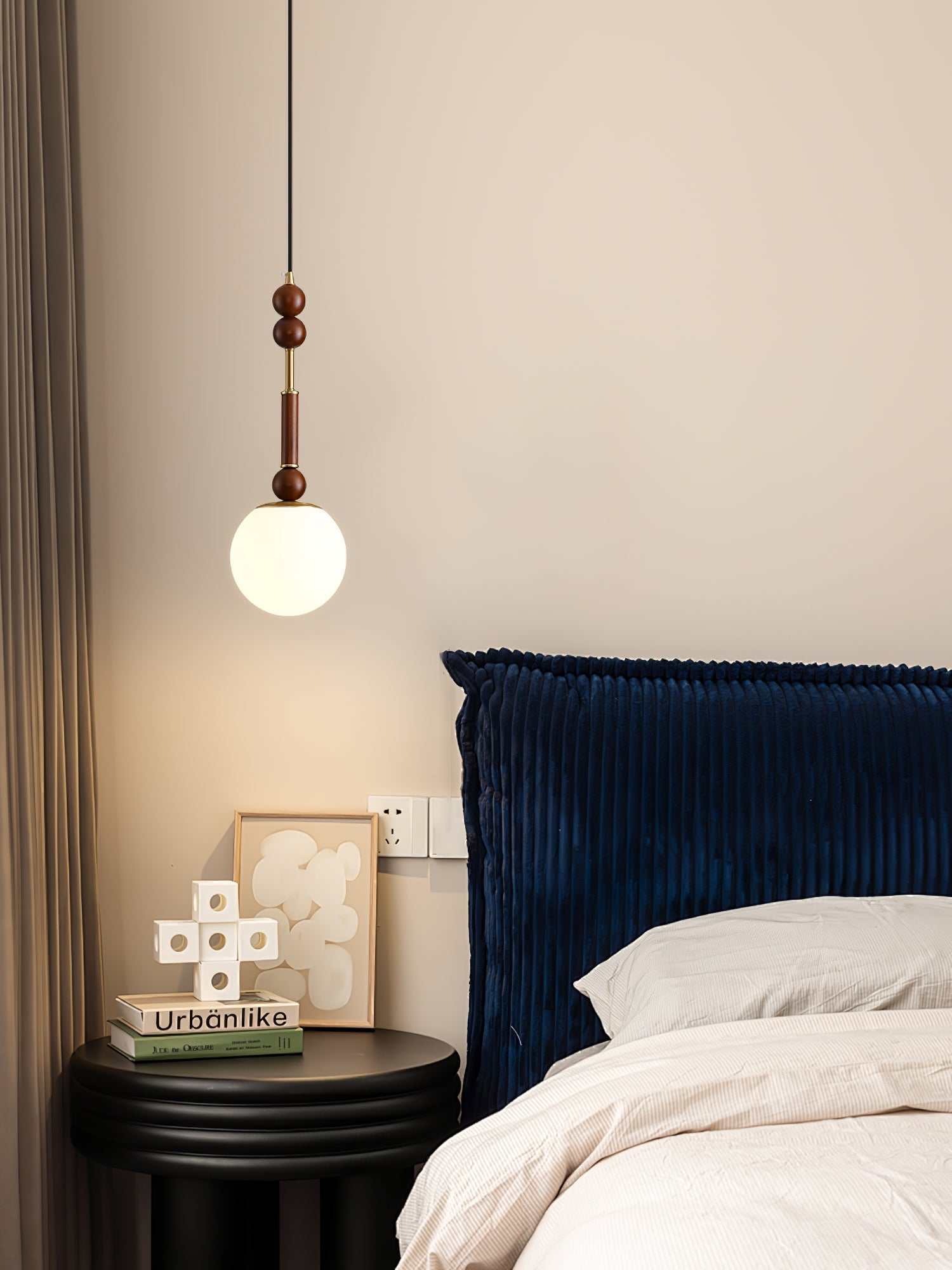 Roma French Vintage Wood and Metal Drop Pendant Lamp with Glass Shade