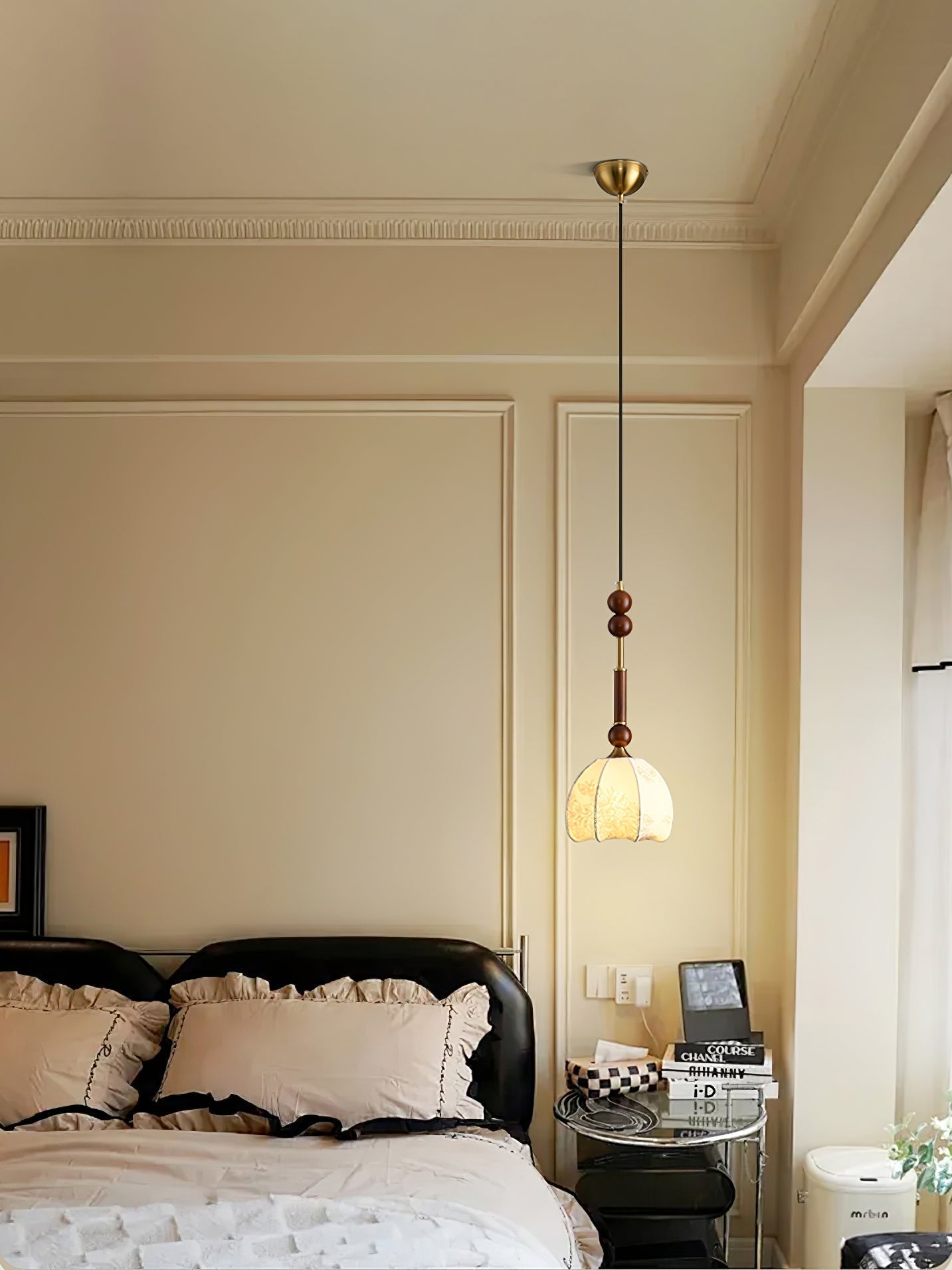 Roma French Vintage Wood and Metal Drop Pendant Lamp with Glass Shade
