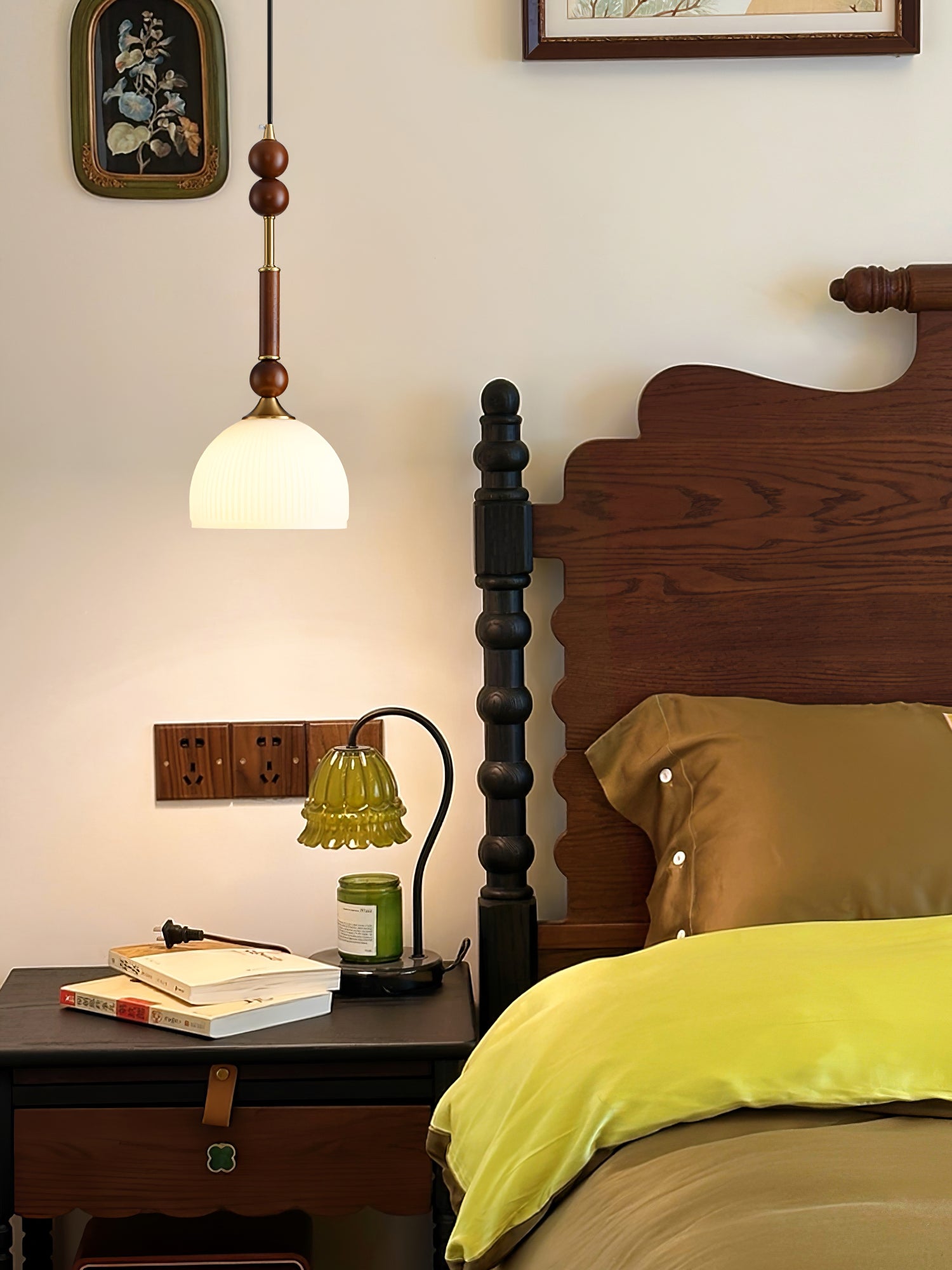 Roma French Vintage Wood and Metal Drop Pendant Lamp with Glass Shade