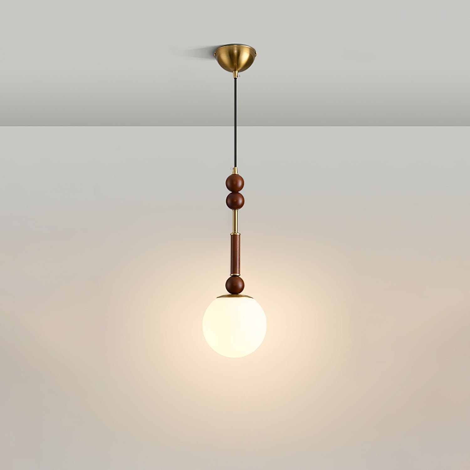 Roma French Vintage Wood and Metal Drop Pendant Lamp with Glass Shade