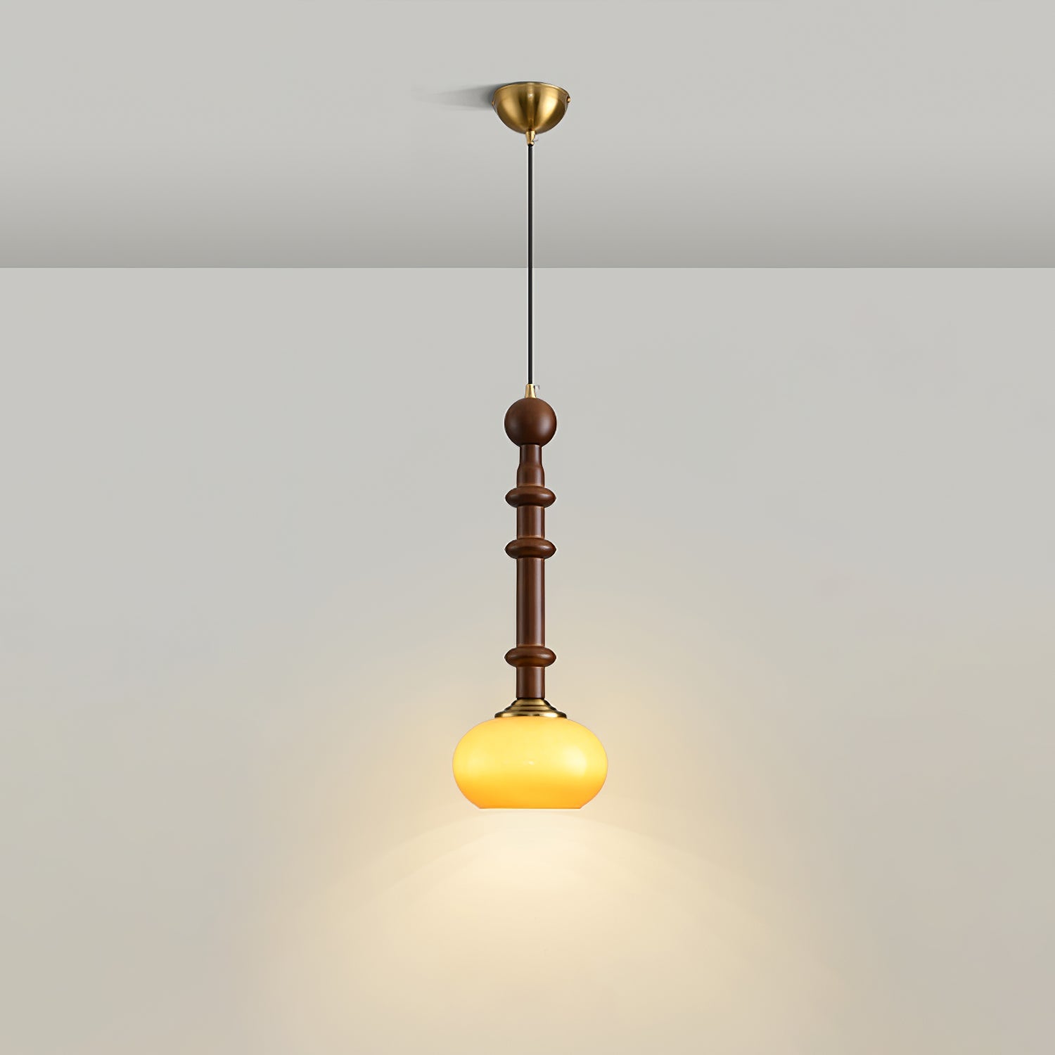 Roma French Vintage Wood and Metal Drop Pendant Lamp with Glass Shade