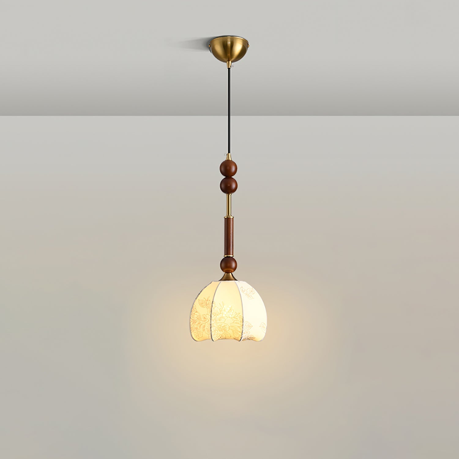 Roma French Vintage Wood and Metal Drop Pendant Lamp with Glass Shade