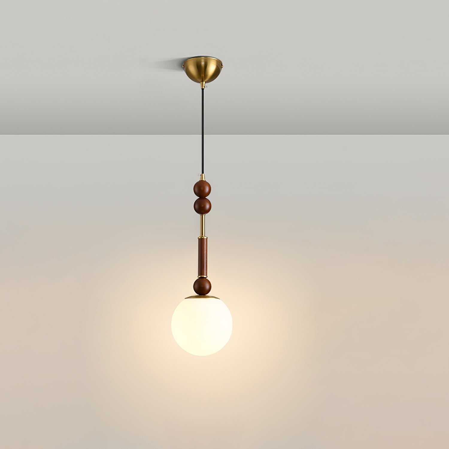 Roma French Vintage Wood and Metal Drop Pendant Lamp with Glass Shade