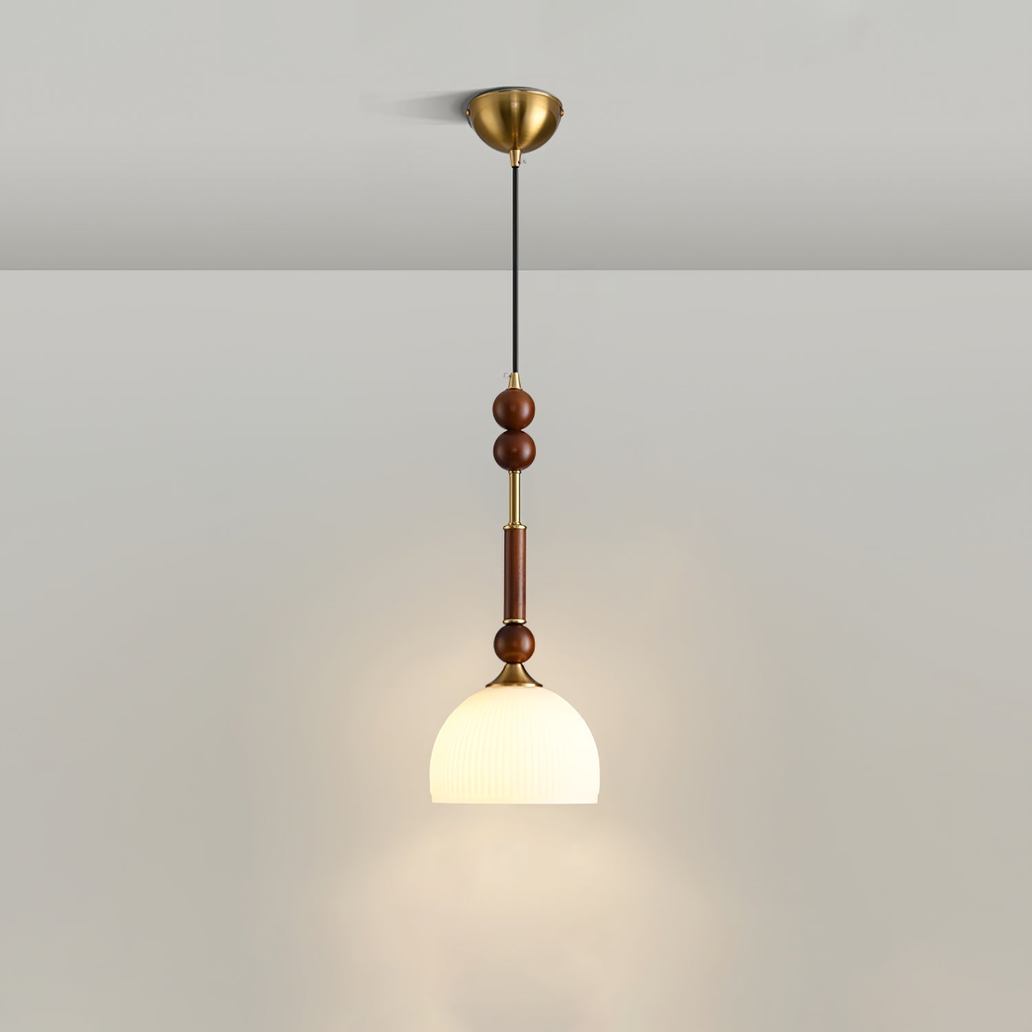 Roma French Vintage Wood and Metal Drop Pendant Lamp with Glass Shade