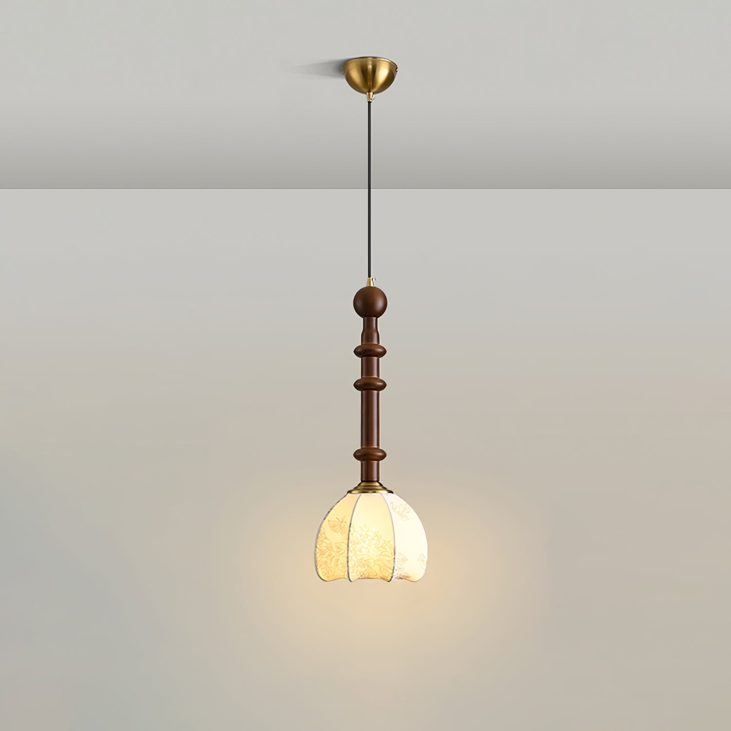 Roma French Vintage Wood and Metal Drop Pendant Lamp with Glass Shade