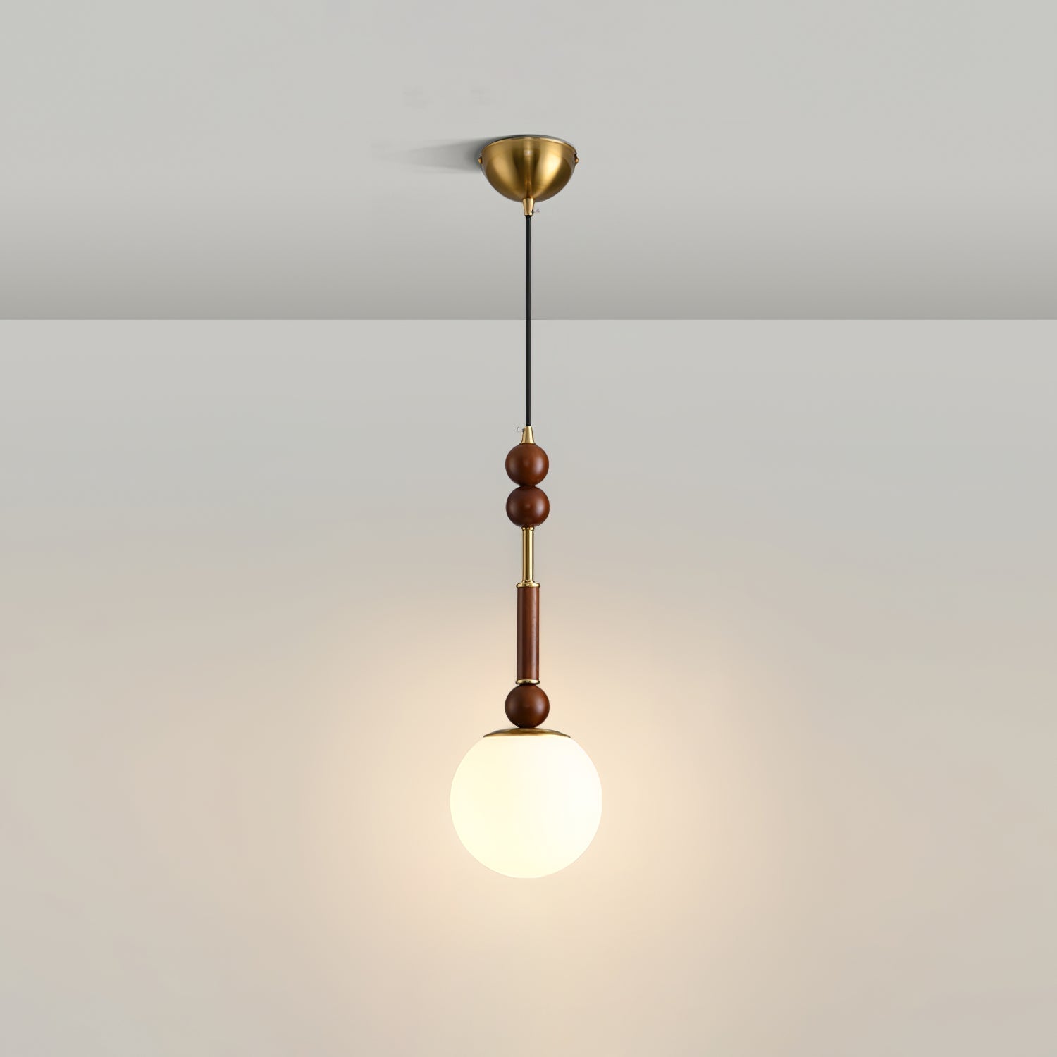 Roma French Vintage Wood and Metal Drop Pendant Lamp with Glass Shade