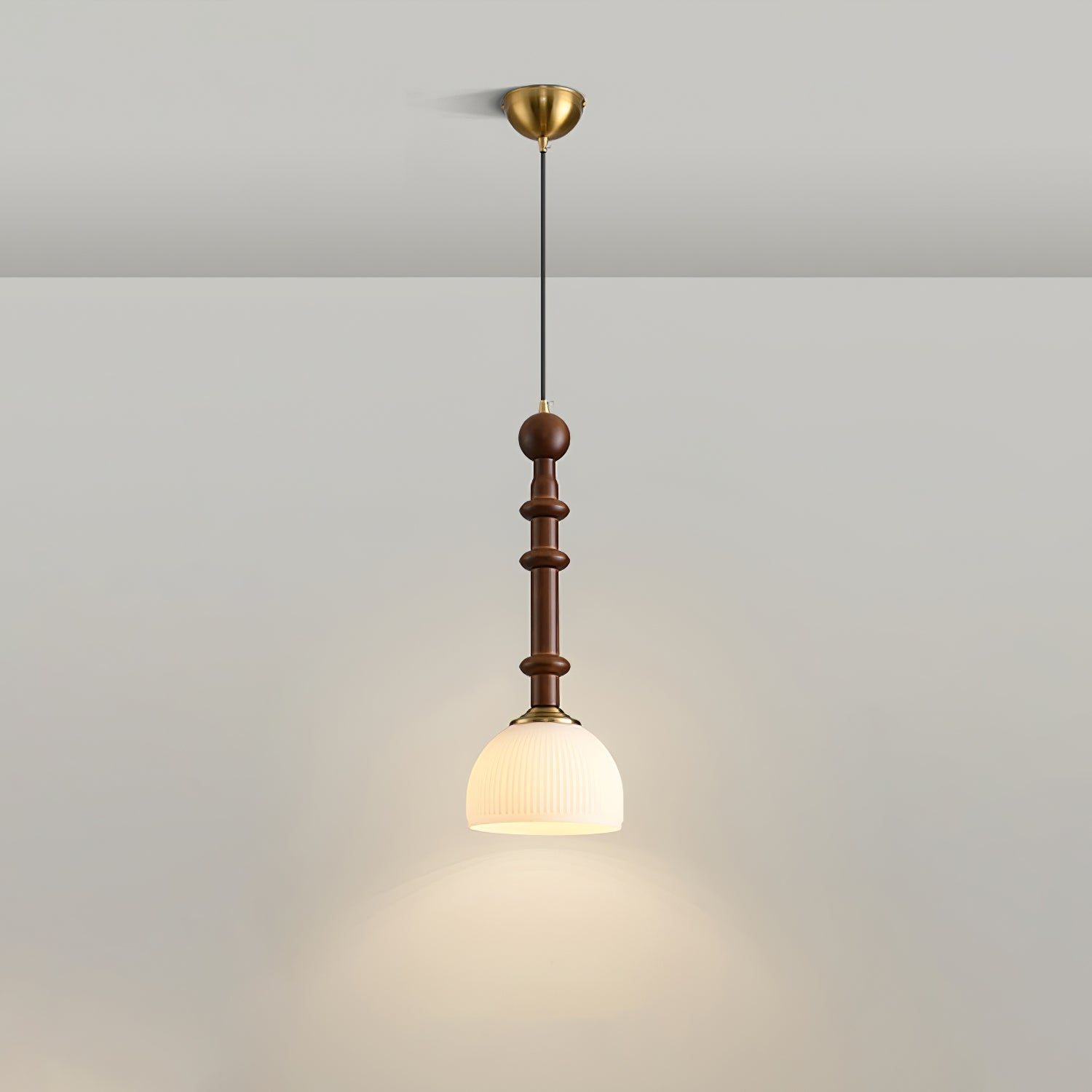 Roma French Vintage Wood and Metal Drop Pendant Lamp with Glass Shade