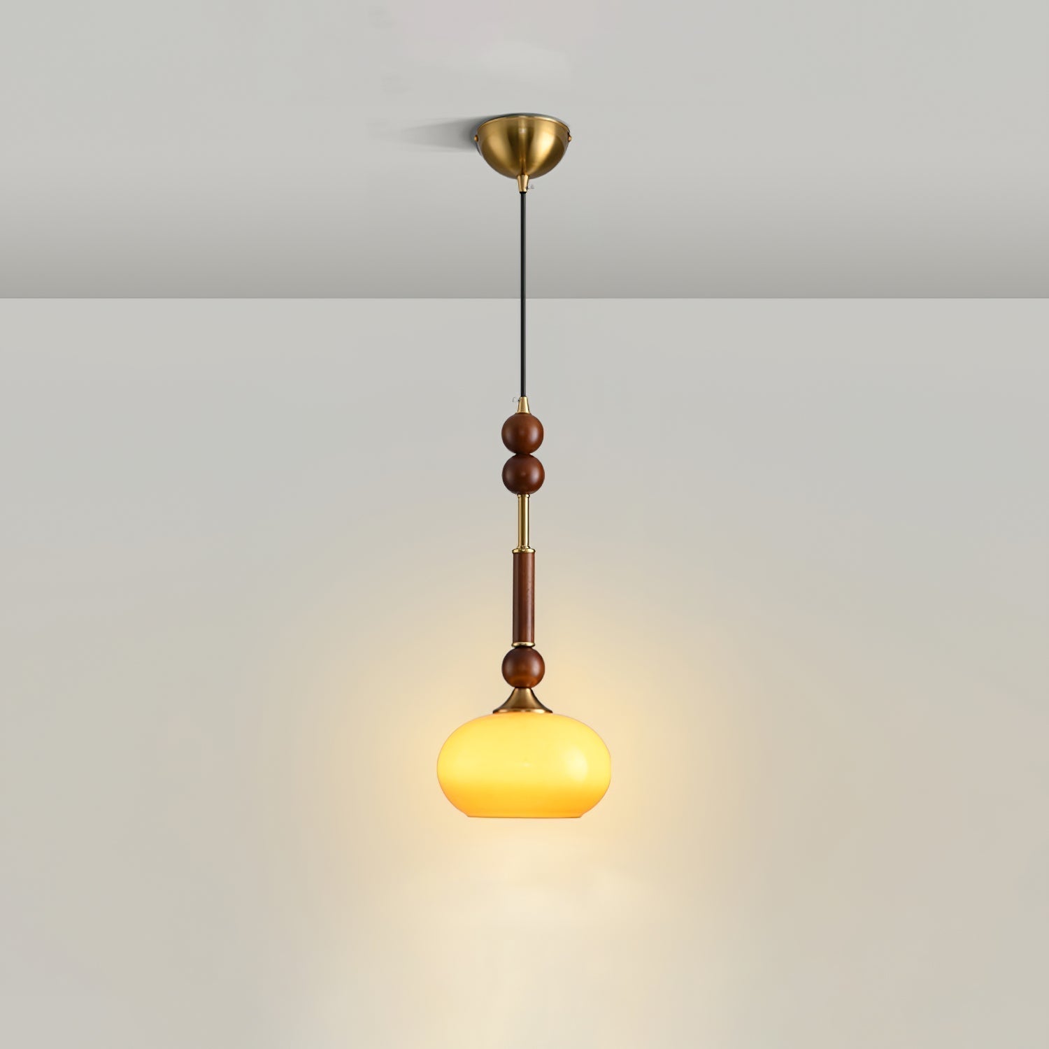 Roma French Vintage Wood and Metal Drop Pendant Lamp with Glass Shade