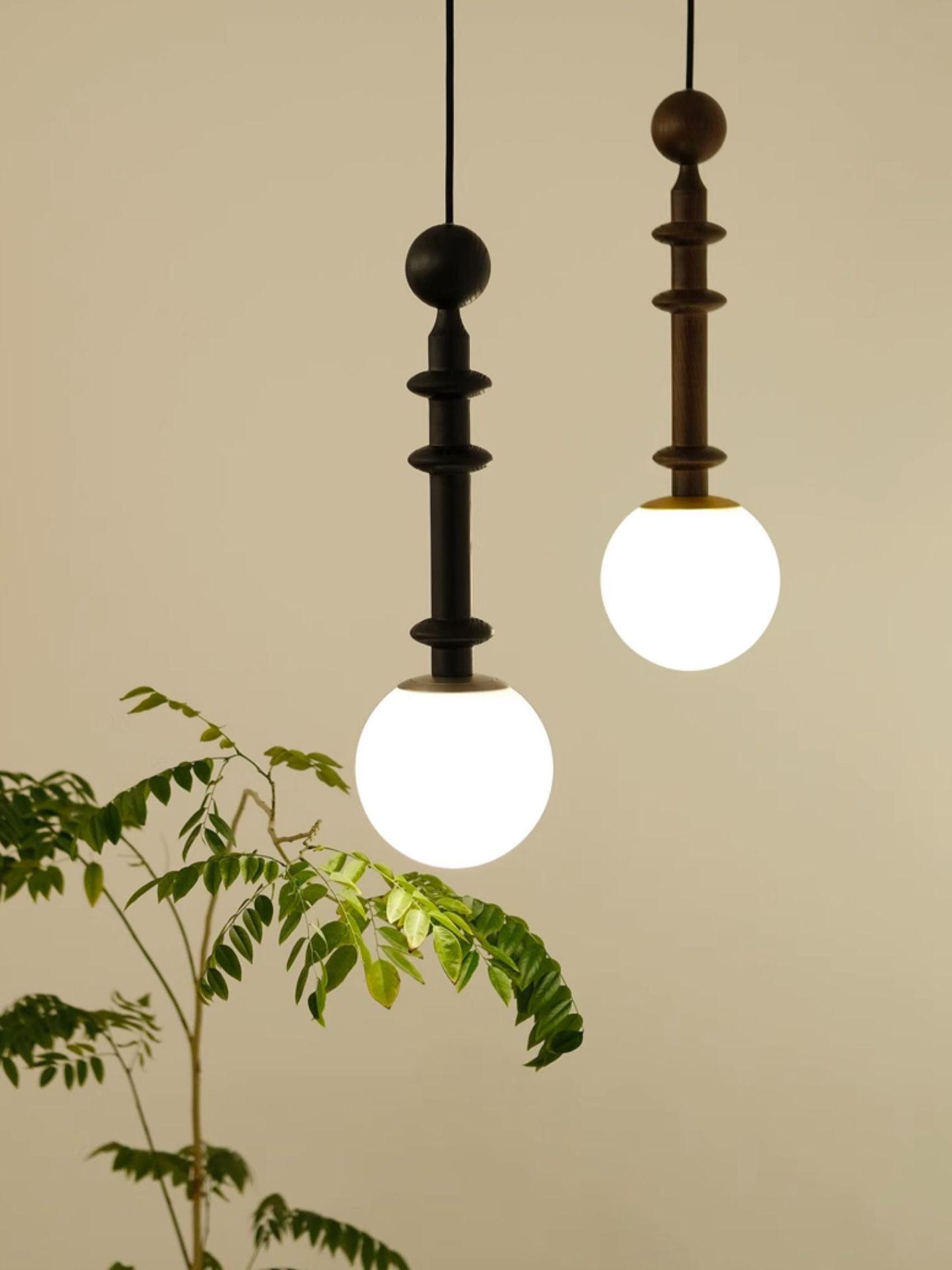 Roman Column Walnut Wood and Glass Small Pendant Light for Modern Interior Decor