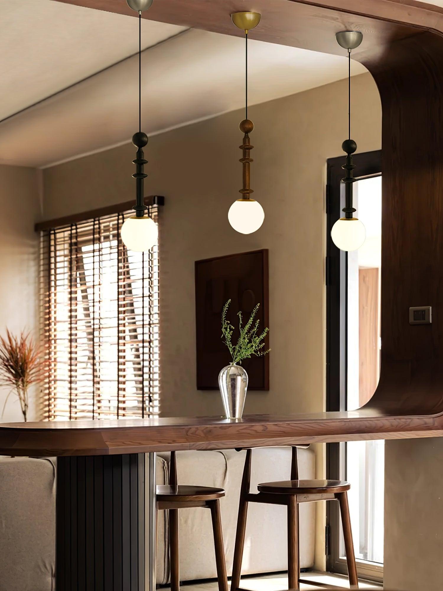 Roman Column Walnut Wood and Glass Small Pendant Light for Modern Interior Decor