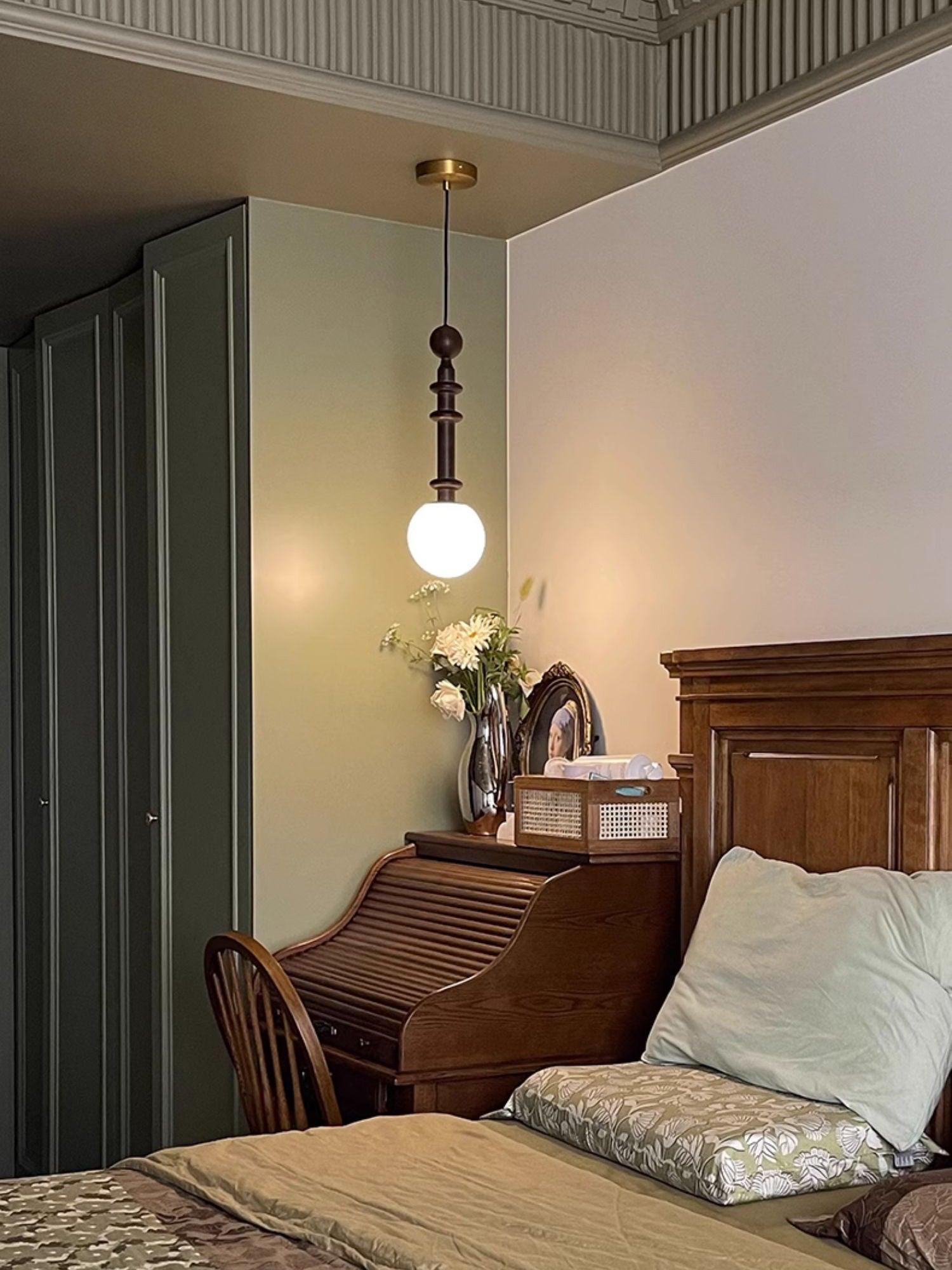 Roman Column Walnut Wood and Glass Small Pendant Light for Modern Interior Decor