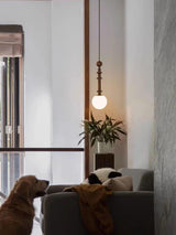 Roman Column Walnut Wood and Glass Small Pendant Light for Modern Interior Decor