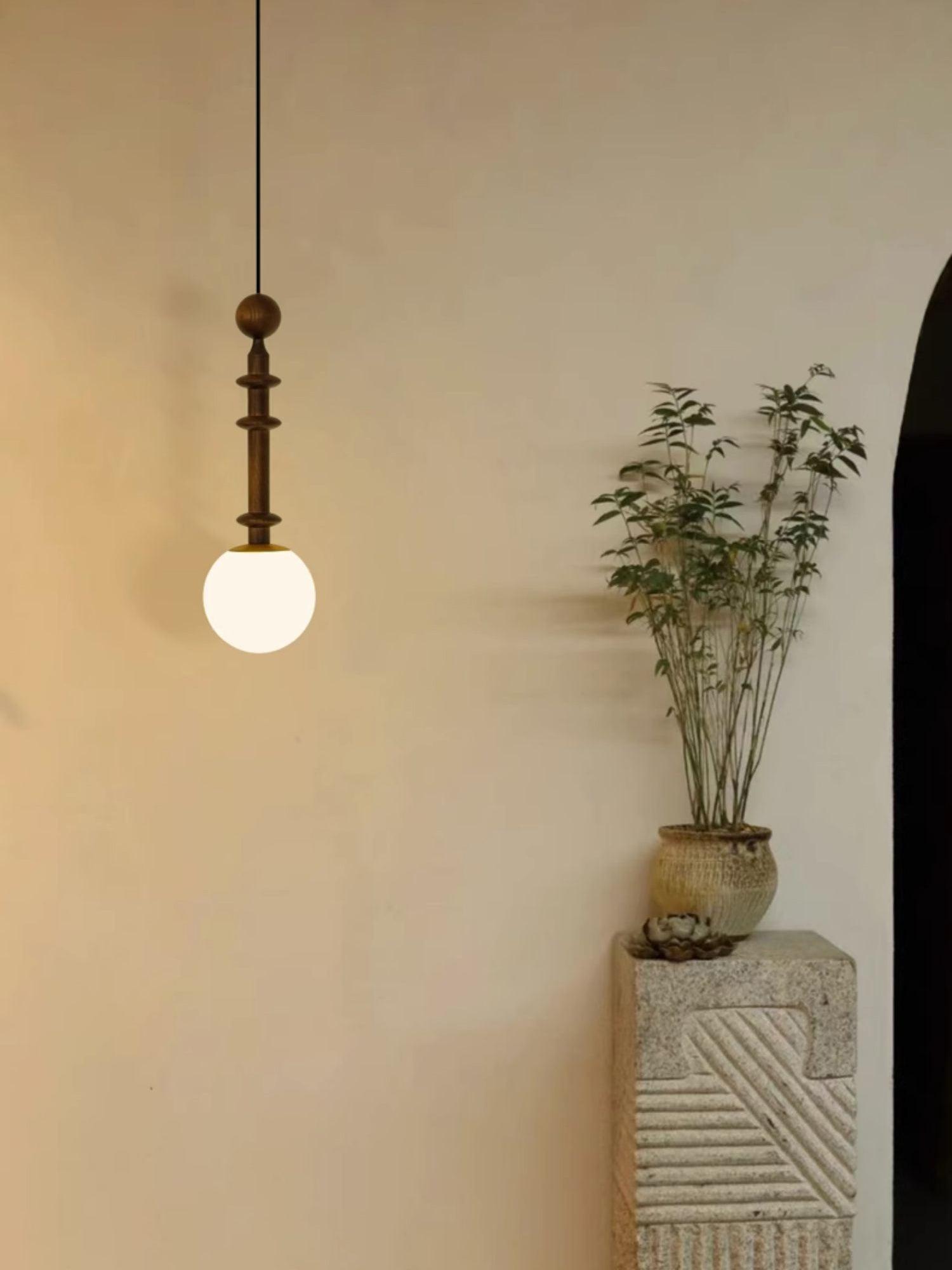 Roman Column Walnut Wood and Glass Small Pendant Light for Modern Interior Decor