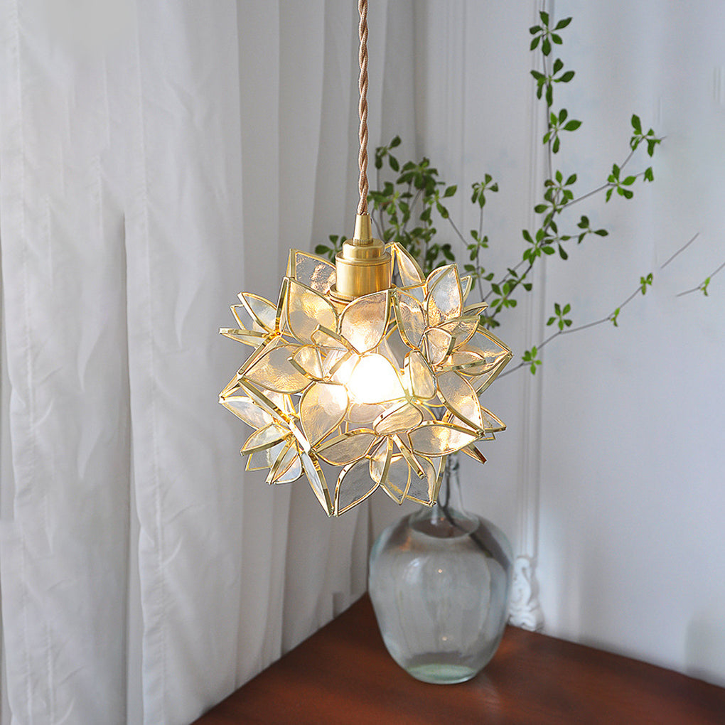 Romantic Glass Gardenia Petal LED Pendant Light French Style Floral Hanging Ceiling Lamp