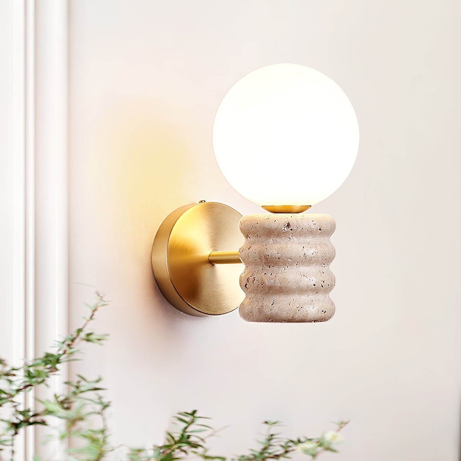 Romus Yellow Travertine Wall Sconce Modern Gold Bracket Light with White Glass Shade
