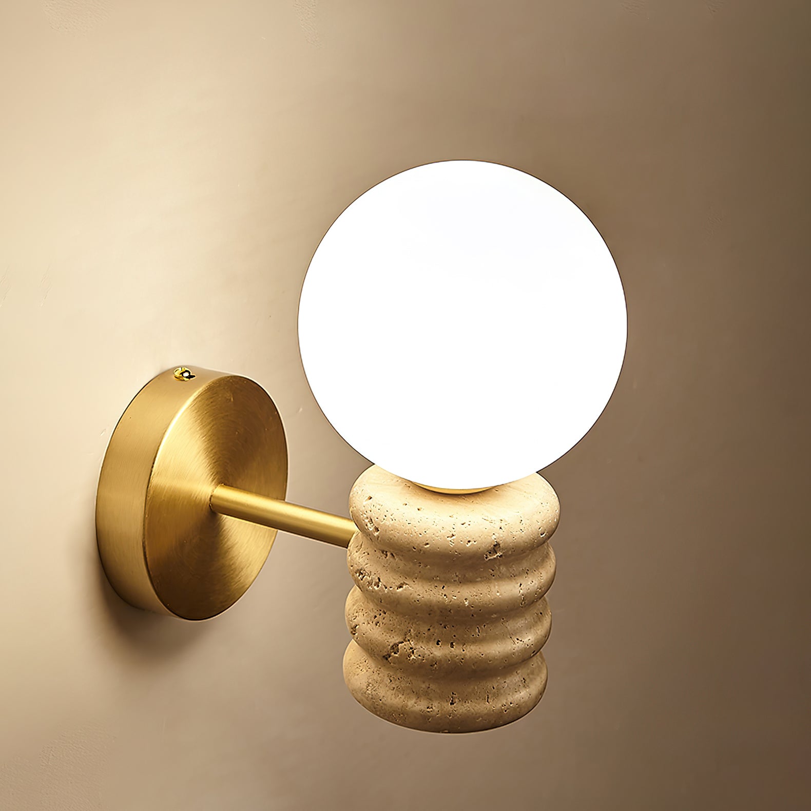 Romus Yellow Travertine Wall Sconce Modern Gold Bracket Light with White Glass Shade