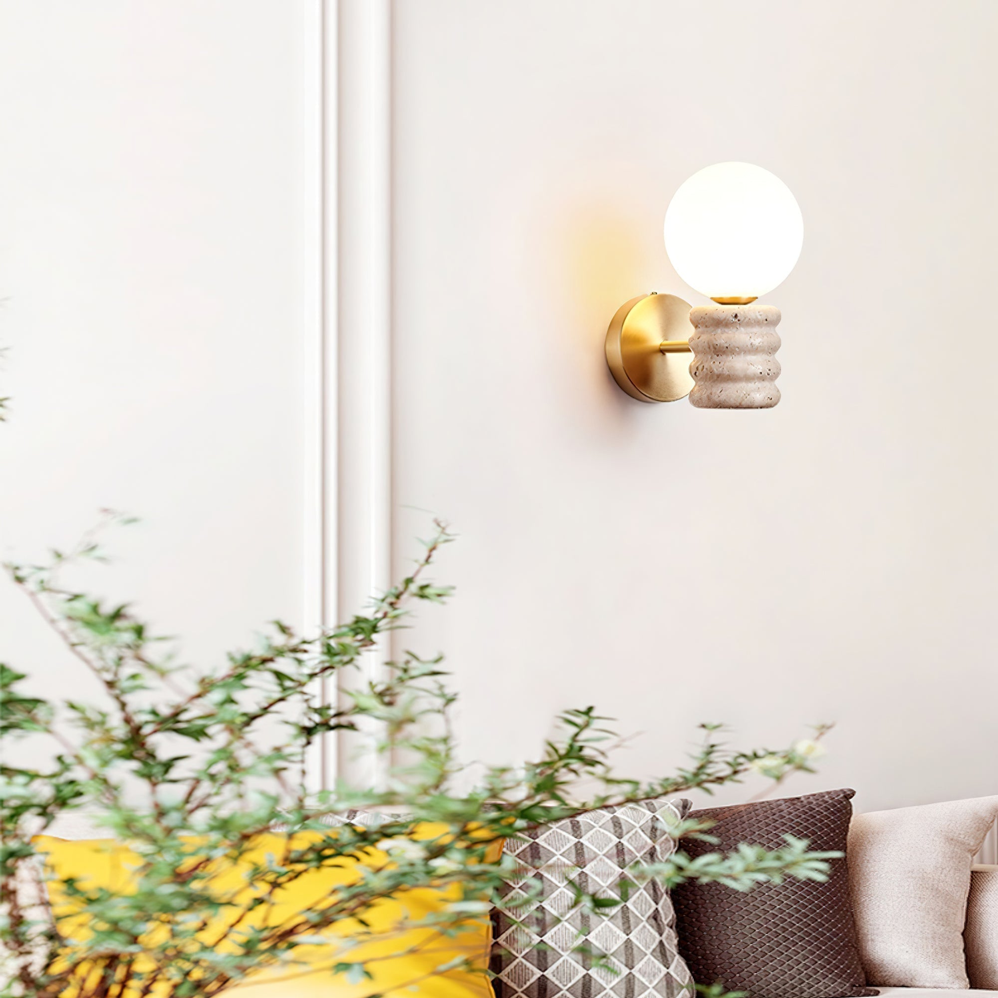 Romus Yellow Travertine Wall Sconce Modern Gold Bracket Light with White Glass Shade