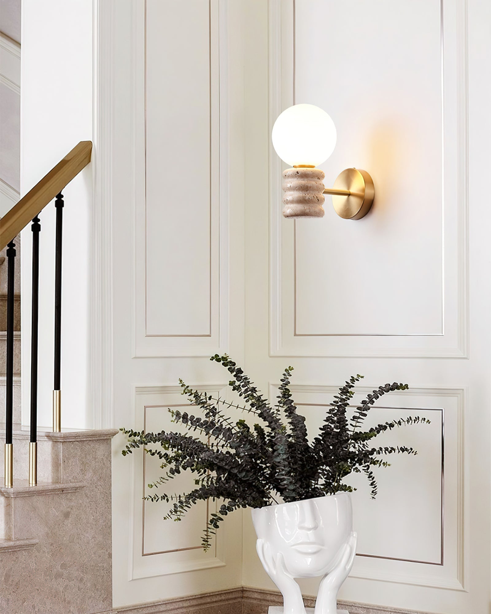 Romus Yellow Travertine Wall Sconce Modern Gold Bracket Light with White Glass Shade