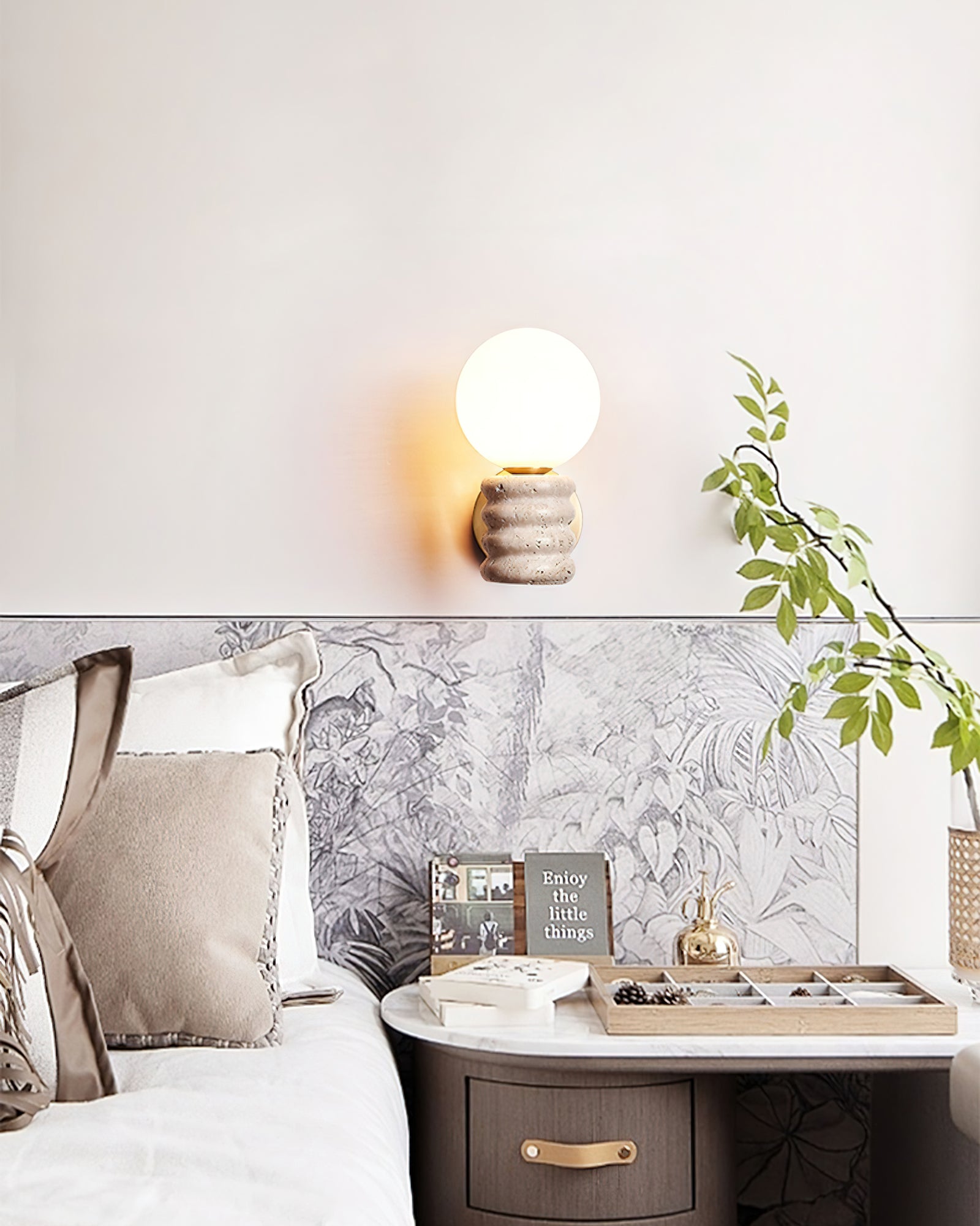 Romus Yellow Travertine Wall Sconce Modern Gold Bracket Light with White Glass Shade
