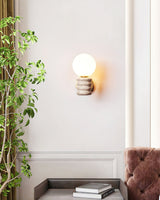 Romus Yellow Travertine Wall Sconce Modern Gold Bracket Light with White Glass Shade